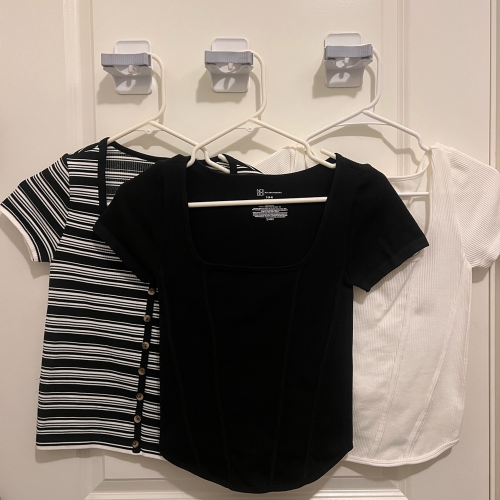 No Boundaries white, black and striped Fitted Short Sleeve Tee